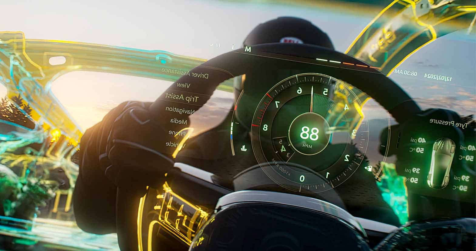 man driving at fast speeds loking through the instrument cluster